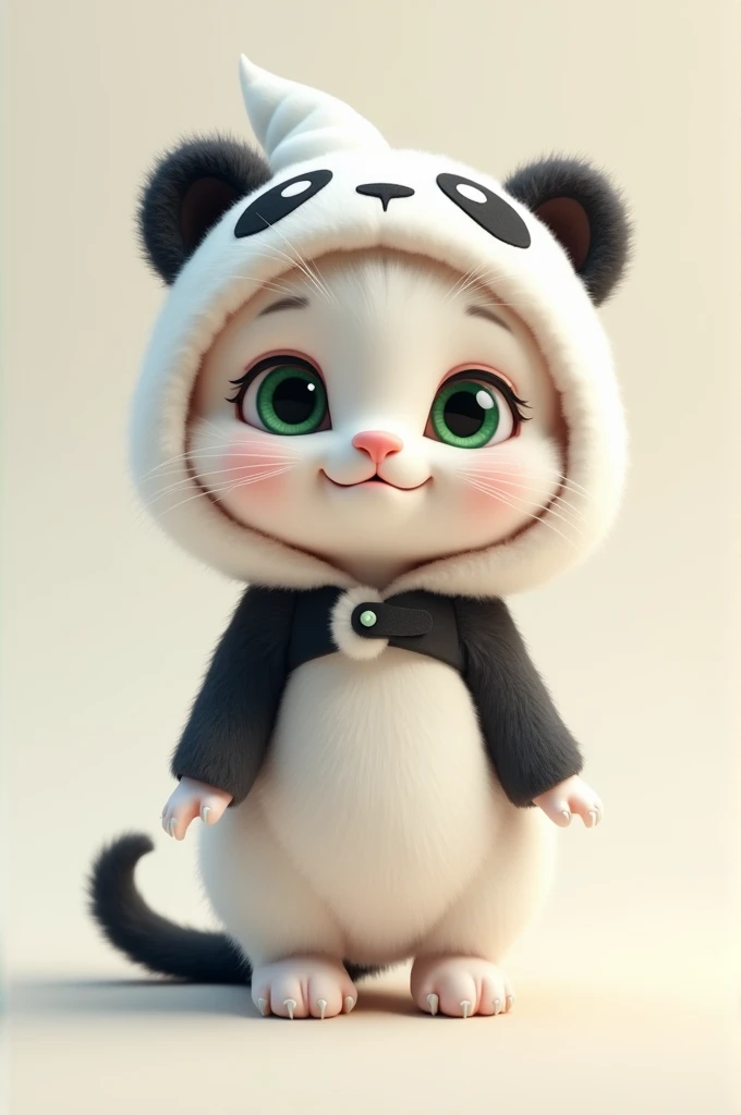 white kitten with green eyes in panda bear costume.
3D illustration