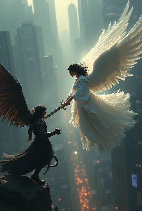 white angel with black hair and sword  strikes black devil with wings  above the city
