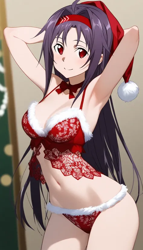 Yuuki Konno,  Sword Art Online ,  Christmas lingerie,  mischievous smile , Posing seductively with her arms behind her head