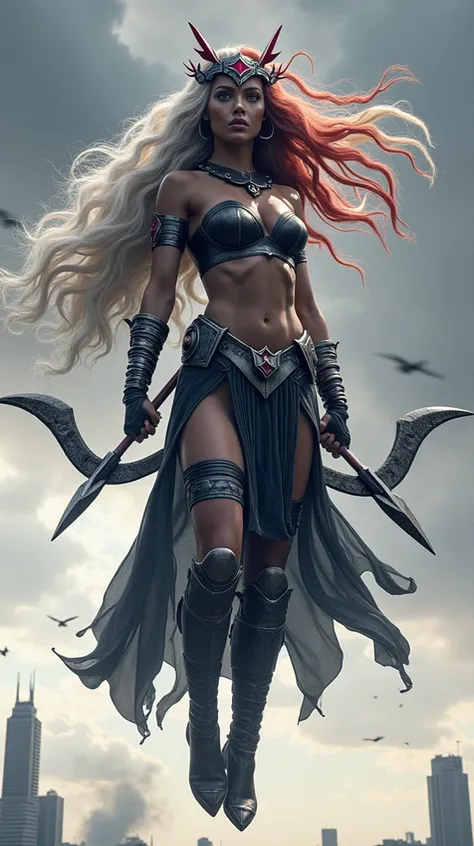 A beautiful gigantic woman with long red and white hair with a cap or bangs in her hair (((Long braid over her chest )))Blue eyes wearing the costume of the Amazon warrior Wonder Woman corset in black leather, knee-length black boots, long silver bracelets...