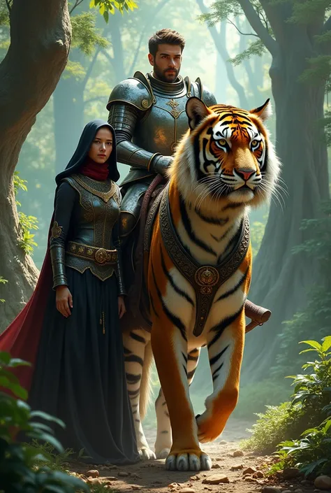 A chivalrous man rides a tiger with his hooded wife