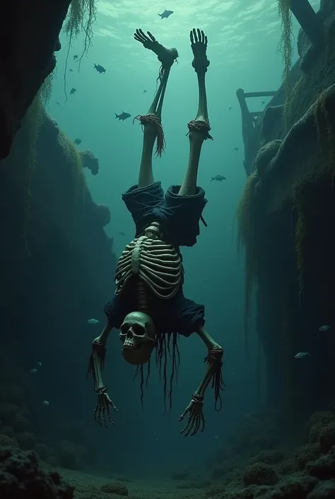 Underwater piarte skeleton upside down boat