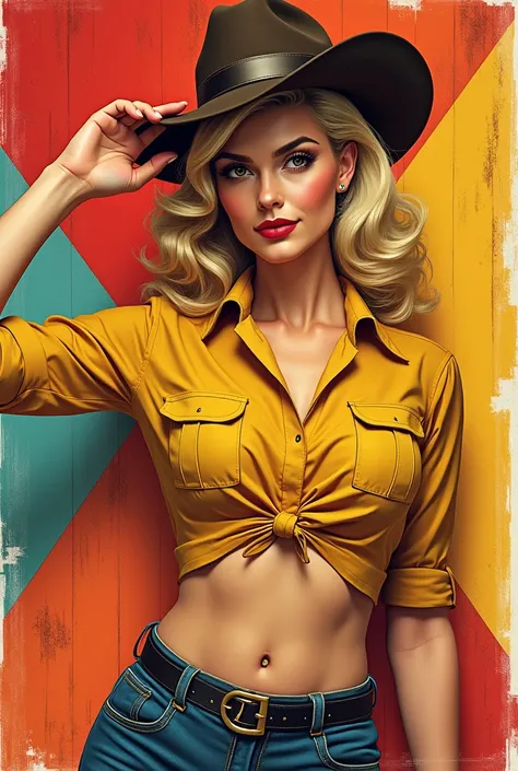 1940s pop art。beautiful blonde female sheriff。Short shirt。The hem of the shirt is tied。I can see my belly button。 saluting 。