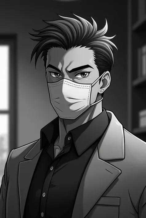 Handsome 29-year-old anime dentist with mask on,  short hair brushed backwards, a little burly with a rough appearance, thick jaw ,  in black and white  