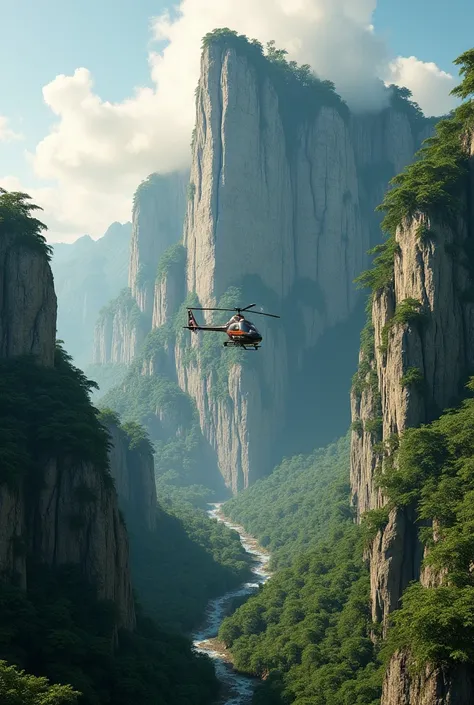 Ultra-realistic mountain seen from the top of a helicopter, similar to a stone Titan buried by time covered with trees and aerial creeping vegetation