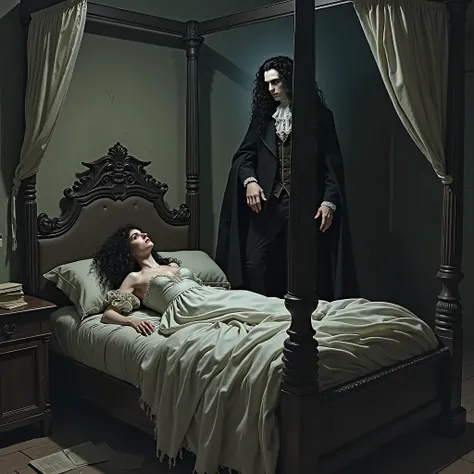 Gothic vampire with long curly hair in 18th century clothes ,  sleep inside an old and very dark room ,  sitting on the edge of a four-poster bed,  watching a young wavy haired woman lying on the bed.