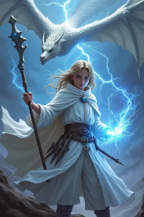 A young boy long with hair and sliver eyes. He was holding a magic staff on his hand and by his waist where two sword knives as lightning crack in his other hand and all around him. He was also wearing a ring on his neck as he was dressed in white as a mag...