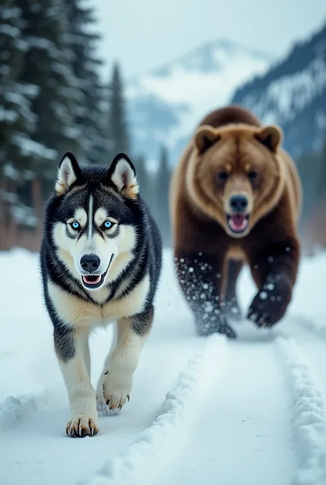 A hyper-realistic scene of a husky dog running away from a brown bear in a snow area.