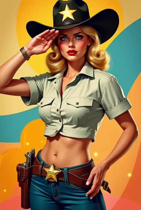 1940s pop art。beautiful blonde female sheriff。Short shirt。Sheriff Badge。The hem of the shirt is tied。I can see my belly button。Pistol。 saluting 。