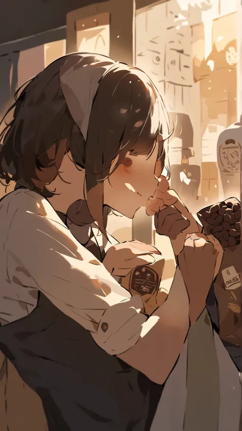  This is a close-up scene of one person handing a coffee bean package to another. The coffee bean package is beautifully depicted , .  hands are touching softly ,  and they both have affectionate expressions . The background is a cafe , soft,  warm lights.