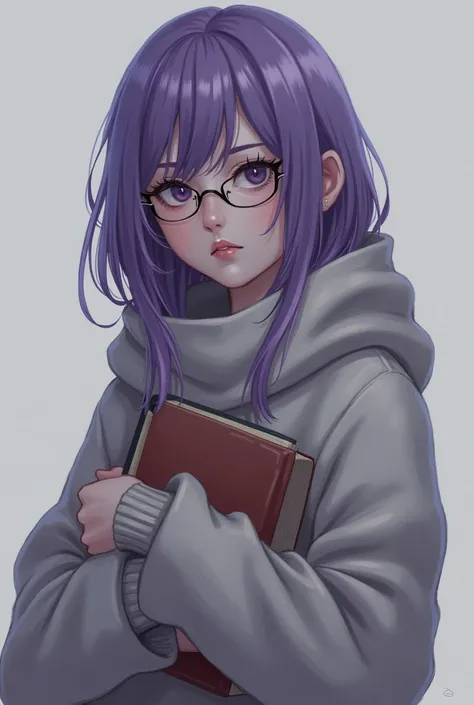 Dessin dune adolescente aux cheveux violets et la peau blanche, le visage un peu triste avec des lunettes, et des livres a la main. Elle est habillée avec un gros pull en laine