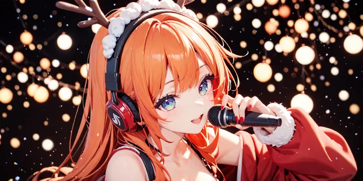  STAND MICROPHONE、 singing、ｓｏｎｙHeadphones、 pretty girl、face、 orange hair、 Illuminations、 Christmas