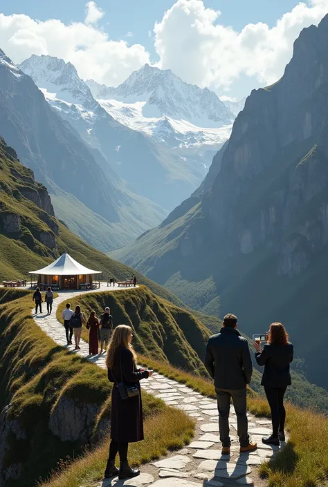 Create a place where guests are taking photos with views of glamping in the Andean wilderness