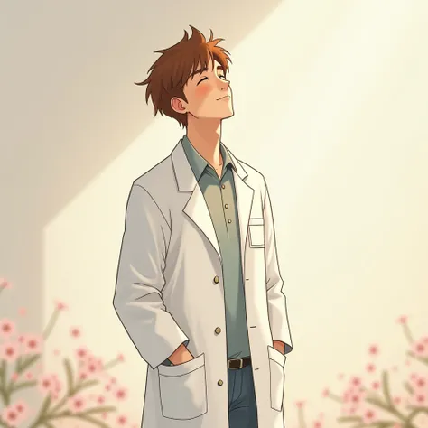 Nice guy in a white coat,  brown hair,  with eyes closed, smiling,  anime style 