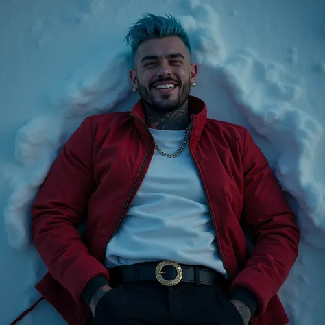  image taken from above .  Mens short blue hair style high fade , Ragnar Lodbrok handsome face ,  brown eyes,  moustache Italian style long beard , muscular.  defined jaw , tatuajes.  wears red Versace jacket white sweatshirt and wide black cargo pants wit...