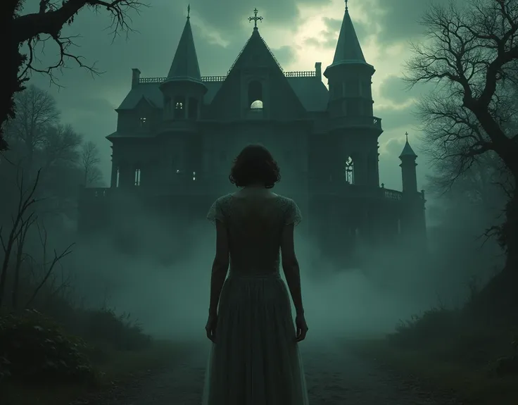 1920s-inspired horror movie poster, a sorrowful and elegant woman standing in front of a massive, cursed mansion. The woman wears a vintage 1920s dress with intricate lace details and has a melancholic expression, her face partially illuminated by dim moon...