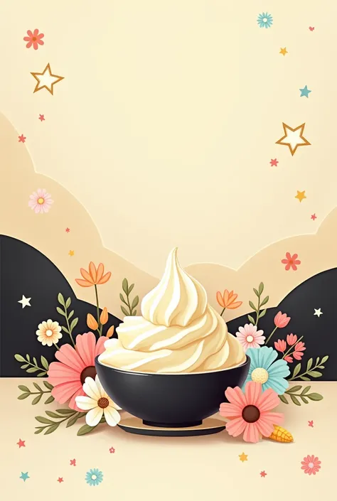  A vanilla background blending with black and flowers together on one side,  vanilla ice cream, stars, trendy designs , as an illustration 