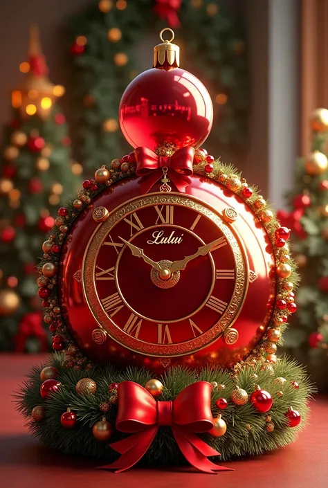 A 3D rendering of a Christmas ornament. The ornament is a large red glass sphere wrapped in a golden garland. The garland is made of holly leaves, red berries and sparkling white stars. Above the garland is a large red glass sphere. The dial has the name "...