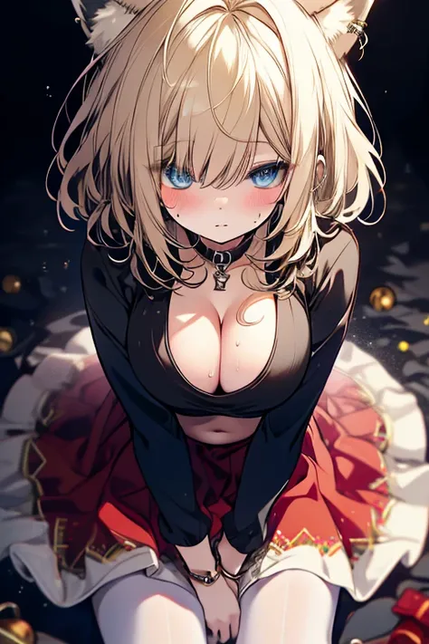 Toki blue archive, Blond hair, Blue eyes, Wearing a Christmas outfit, shiny red skirt, tight black top with white embroidery, white tights, Big boobs, big cleavage, sweating,  high resolution ,  The Best Quality , HD model, UHD,  big breasts,  Fox Ears ,  ...