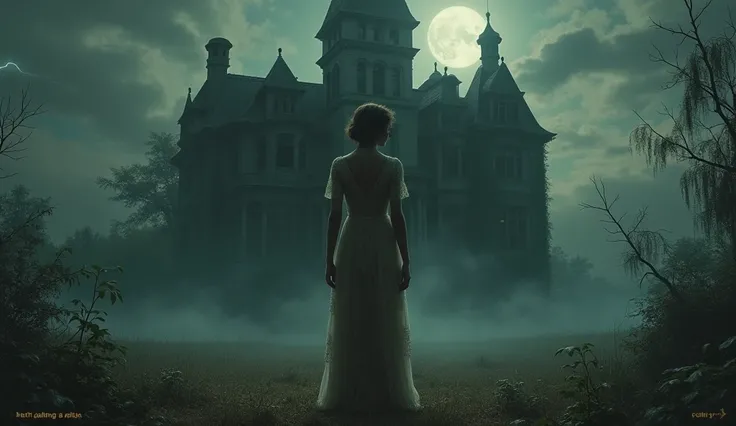 1920s-inspired horror movie poster, a sorrowful and elegant woman standing in front of a massive, cursed mansion. The woman wears a vintage 1920s dress with intricate lace details and has a melancholic expression, her face partially illuminated by dim moon...