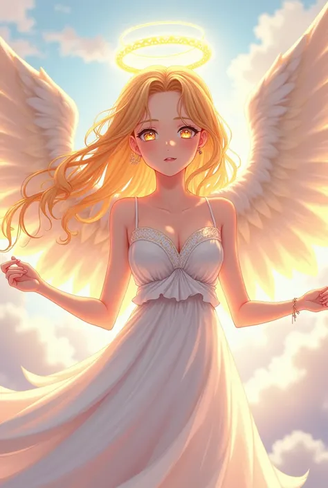 Anime character wearing a heavenly white dress ,  eyes and shimmering gold hair and a halo on her head and wings