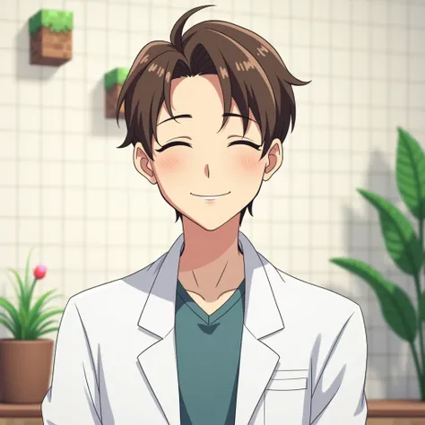 Nice guy in a white coat,  brown hair,  with eyes closed, smiling,  anime style , looking straight,  Minecraft