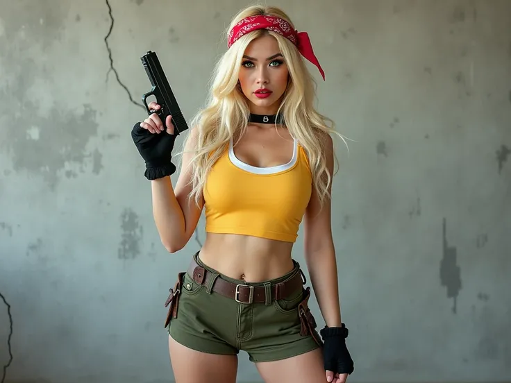 FOR instagram, Woman, asian, longhair, blonde, curvy skinny, bigboobs, green eyes, redlips makeup, huge ass, longblouse white neckline, blouse neckline  neckline, huge tits,A realistic cosplay of Lunch (bad version) from Dragon Ball, portrayed by a blonde ...