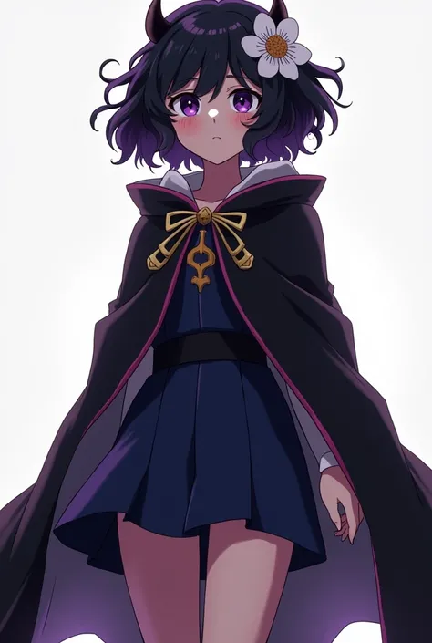 Screenshot from "My Hero Academia" of a 20-year-old woman, black hair with purple highlights short and curly with a flower in her hair, purple eyes with black outline, small horns, she is wearing a dark blue knee-length dress in bombao in the lower part, w...