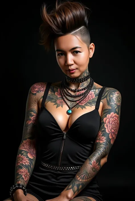 Creates a tattoo on a womans left and right arm, a large peony climbing up the neck and never, descending a phoenix in large black work along with a dragon to the hand with mandalas and florals throughout the rest. Arafed matured Malay woman. Sexy sensual ...