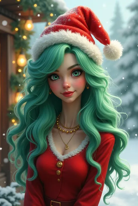 Grinch woman with long curly hair and Christmas hat