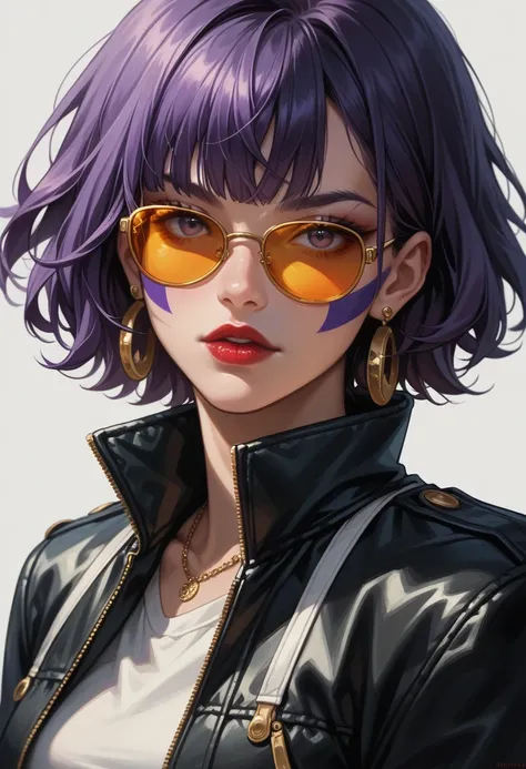 score_9, score_8_up, score_7_up, score_6_up, Portrait of a woman, face painted completely white like a geisha, red lips, golden sunglasses, messy straight purple hair with bangs, hyper detailed,QXHTX,1girl,jewelry,solo,ring,earrings,short hair,sunglasses,p...