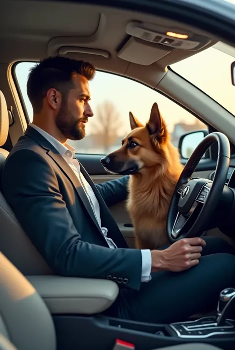 Man without a beard with a dog in a car 