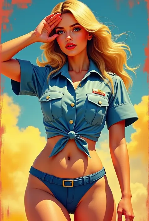 1970s pop art。beautiful blonde female officer。air force sergeant。Short shirt。The hem of the shirt is tied。I can see my belly button。 saluting 。