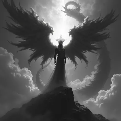 A surreal black-and-white image, god of the darkness with 6 black smoke wing behind the back, behind gods head is light crown shinning, god stand above the sky. Around him is a dragon.