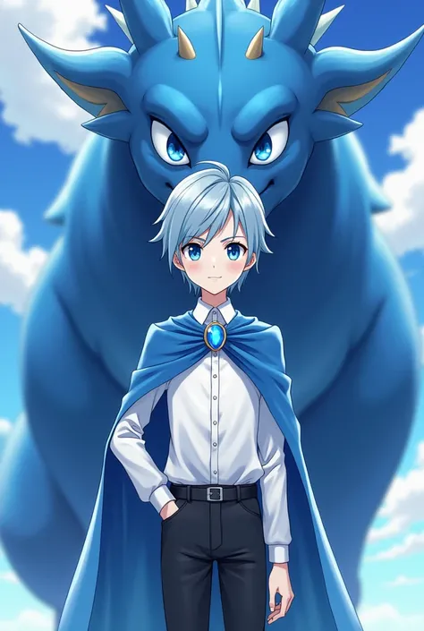 A picture in a present day Japanese anime art style with a teenage tall boy with pale white skin blue eyes with a blue cape with a one blue jewel and a white button up shirt with black pants standing front position with a blue dragon standing front positio...