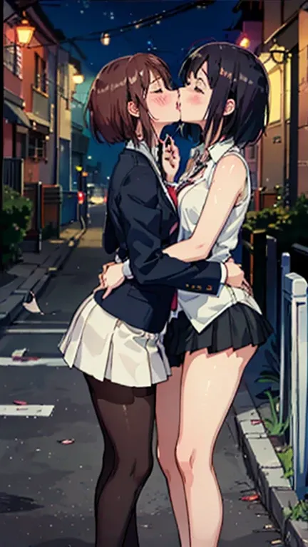 Masterpiece, Best Quality , uraraka (MHA), momo , 2girls, (Kisses:1.8), (French Kiss), Blushing, Eyes closed, (tongue), (Saliva), (groping), Hands on breasts, Tongue sucking, Sweat, Business suit, Tight skirt, Pantyhose, disheveled clothing, Sheer panties,...