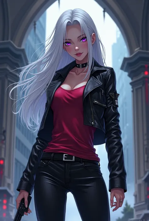 The Rifted Claw clan guard (Sleek and silent, she is the Rift Guard’s deadliest assassin) (white hair purple eyes) (leather jacket red tank top black pants) (piercings) (femme lesbian look) (Asian)(place skin) (anime) 