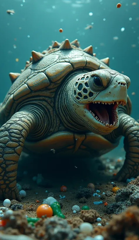 A hyper-realistic depiction of a monstrous sea turtle, grotesquely evolved due to plastic pollution in the ocean. Its shell is warped and jagged, fused with sharp fragments of plastic bottles, caps, and fishing nets, forming spiked ridges and unnatural gro...