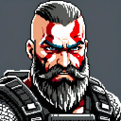 A SWAT with a Kratos beard, a serious and angry expression, male