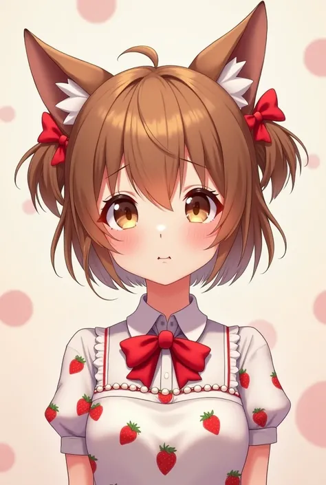  Anime character with brown hair , dog ears and nose ,  white dress with strawberries in his print ,  pearls with a red bow around his neck and ties in his hair