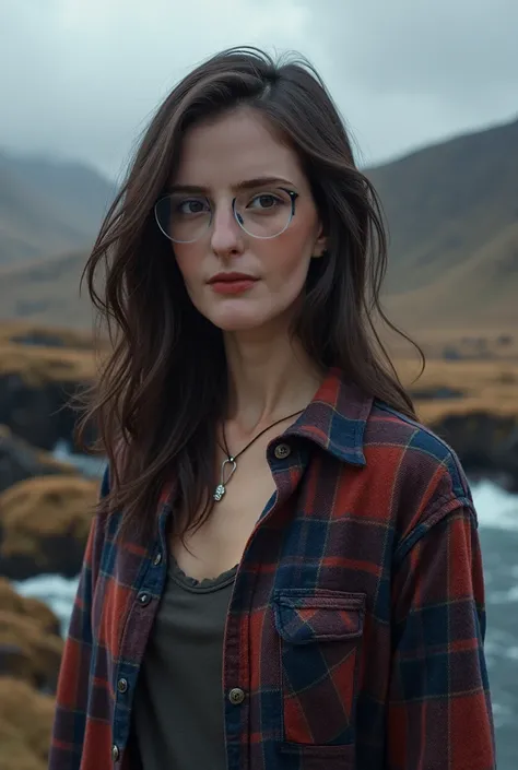 make her wear a flannel shirt with blue details, wearing glasses, details, dark brown hair loose, make it realistic, Icelandic setting.