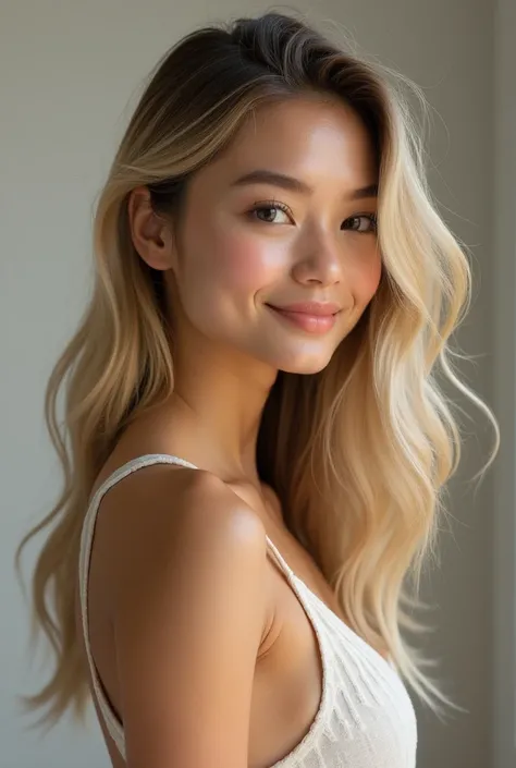 A young model woman in her early 20s,left profile long and silky blonde hair,  deep black almond-shaped eyes ,  fair skin American type , Physically provocative,  with a harmonious face and a warm smile,  confident posture , ultra-realistic rendering .