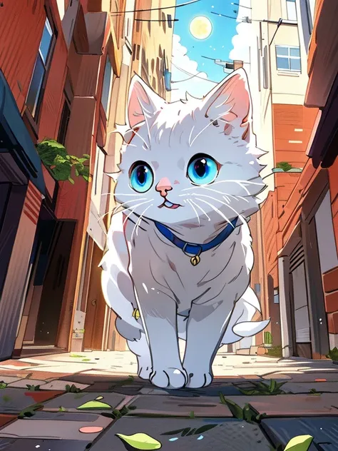 white cat（（iridescent））, cute little, big eye, ​masterpiece, fullmoon, alleyway