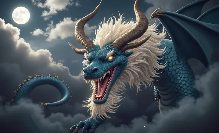 Azure Chinese dragon. wise, strong. His eyes are empty. Black horns. empty white eyes shining with white light. He flies in the sky. the big moon. horror