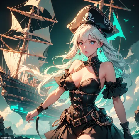 Pretty Pirate 、1girl, pretty face、Baby Face、((( Dynamic Best Composition 、 super detailed 、 high definition、 top quality、 Masterpiece、 Official Art 、 Perfect Anatomy)))、 Milky White and Light Blue Gradation Hair Color、 Gothic Pirate Fashion 、 Pirate Hat 、 ...