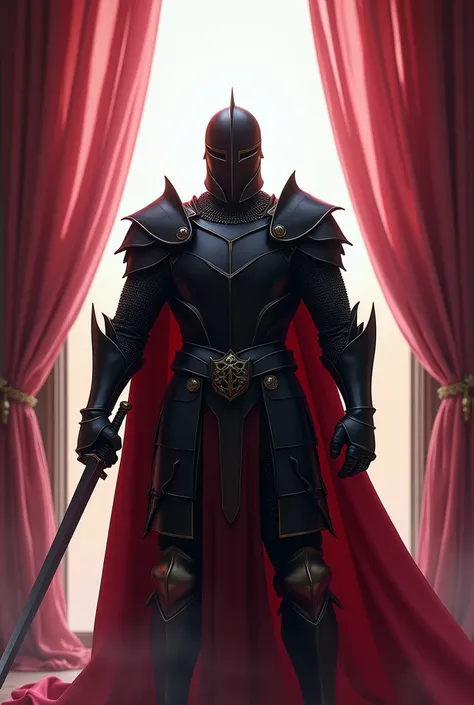  A knight in black armor and wearing an armour helmet, muscular red cape ,  on a Palace window , transparent pink curtains ,  entering the window holding out a hand,  with a sword in hand 