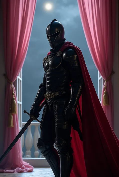  A knight in black armor and wearing an armour helmet, muscular red cape ,  on a Palace window , transparent pink curtains ,  entering the window holding out a hand,  with a sword in hand, at night  