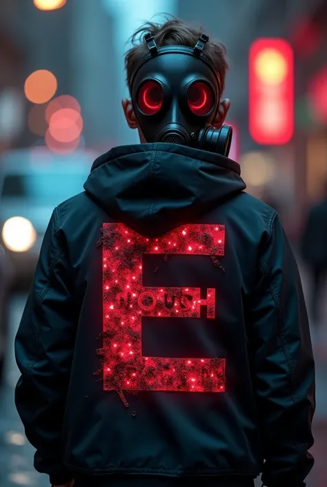 Create a text for my lock screen in high resolution Windows 10 with the letters TheEnoughStudios on the back of the clothes of a boy wearing a robotic gas mask the texts I want them to be in red cyberpunk style without any errors and without any kind of le...