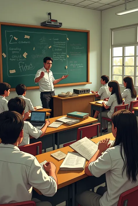 An illustration set in a university classroom, highlighting the scarcity of educational materials. The scene shows university students seated in a lecture hall, some of them sharing old, torn textbooks with pages missing, while others take notes on scraps ...