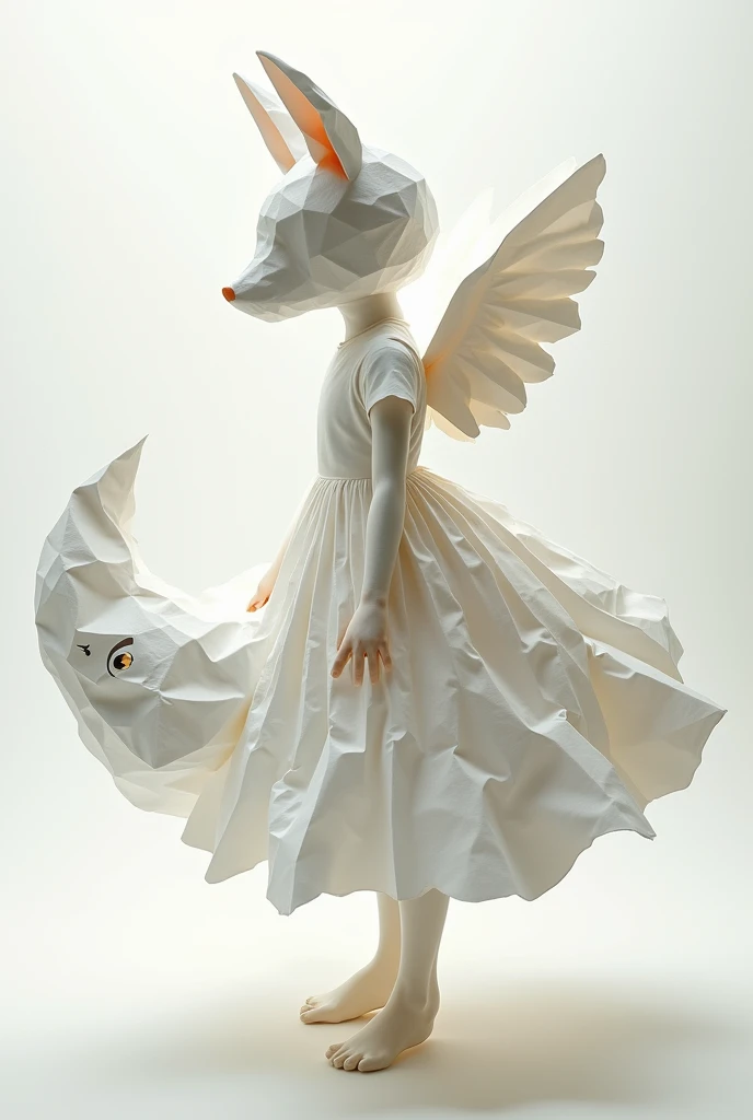  Anime character with crumpled paper head , white paper fox ears , paper wings ,  a white tail with a face on the paper and with a paper dress